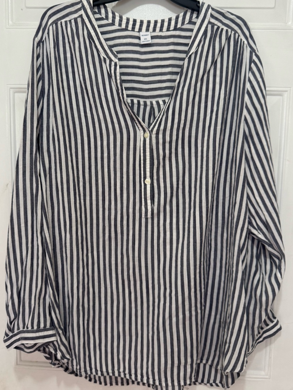 Old Navy Navy Blue White Vertical Striped Long Sleeve Henley Blouse Shirt XXL